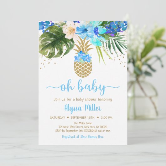 Ananas Blue Gold Floral Oh Baby Dusche Einladung (Stehend Vorderseite)