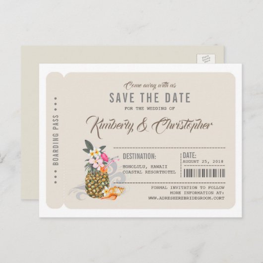 Ananas Boarding Pass Ticket Save the Date Ankündigungspostkarte (Vorne/Hinten)
