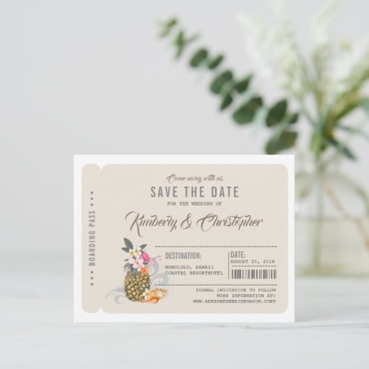 Ananas Boarding Pass Ticket Save the Date Ankündigungspostkarte (Stehend Vorderseite)