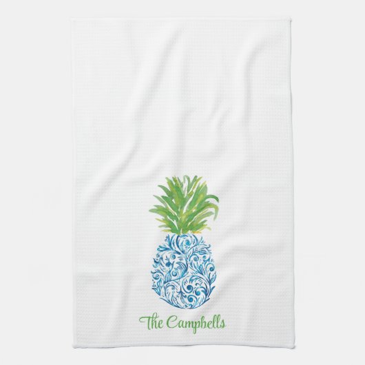 Ananas Chinoiserie Blau Weiße Preppy Custom Geschirrtuch (Vertikal)