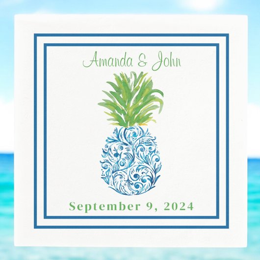 Ananas Chinoiserie Blue Border Preppy Wedding Serviette