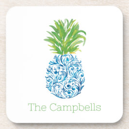 Ananas Chinoiserie Blue White Preppy Name Getränkeuntersetzer