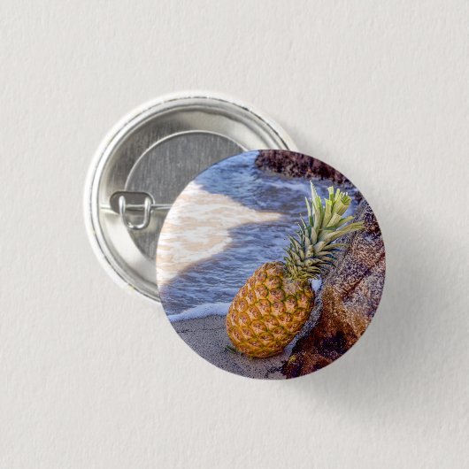 Ananas, die sich am Strand auf Felsen lehnen Button (Vorne & Hinten)