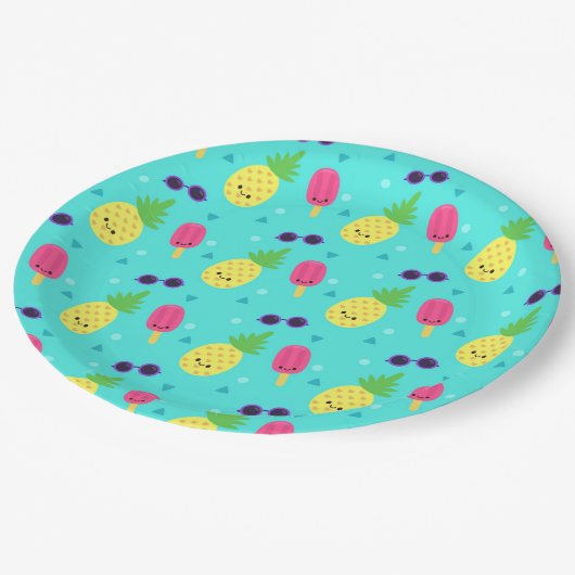 Ananas, Eiscreme und Sonnenbrille Pappteller (Schrägansicht)