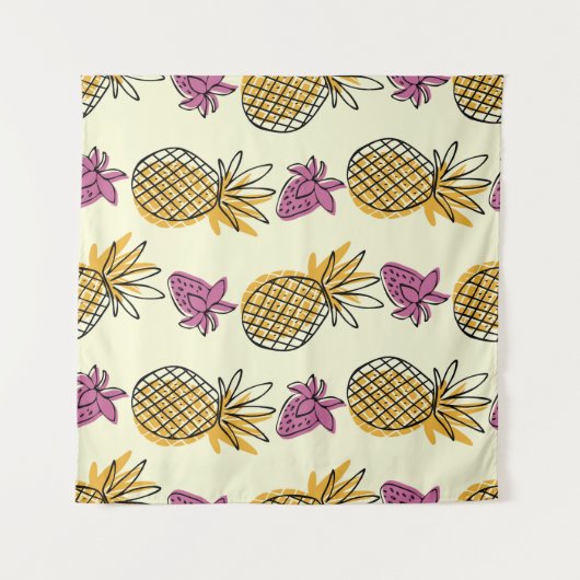 Ananas, Erdbeere Vintages Textildesign. Wandteppich (Vorderseite (Horizontal))