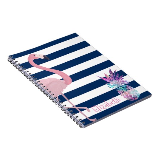 Ananas, Flamingo Navy Blaue Streifen Personalisier Notizblock (Rechte Seite)