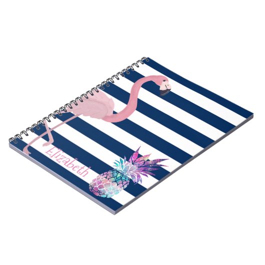 Ananas, Flamingo Navy Blaue Streifen Personalisier Notizblock (Linke Seite)