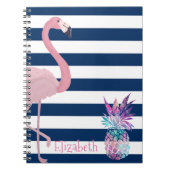 Ananas, Flamingo Navy Blaue Streifen Personalisier Notizblock (Vorderseite)