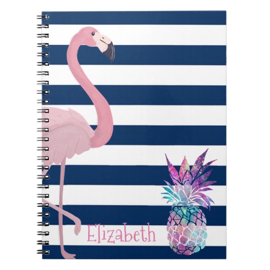 Ananas, Flamingo Navy Blaue Streifen Personalisier Notizblock (Vorderseite)