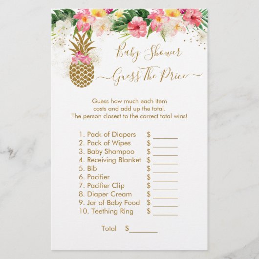 Ananas Floral Guess The Price Baby Shower Game (Vorderseite)