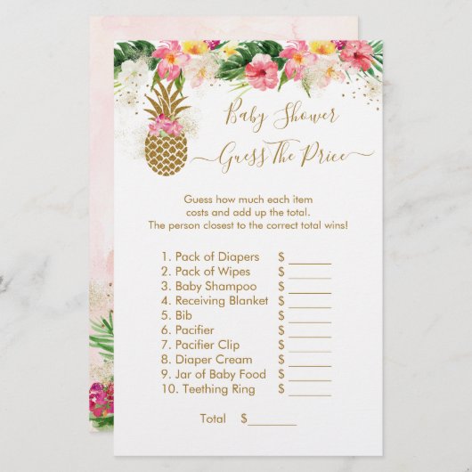 Ananas Floral Guess The Price Baby Shower Game (Vorne/Hinten)