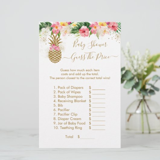 Ananas Floral Guess The Price Baby Shower Game (Stehend Vorderseite)