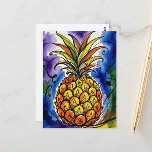 Ananas Frucht Wasserfarbe Doodle Postkarte (Vorderseite/Rückseite Beispiel)