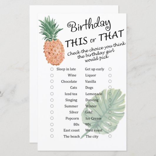 Ananas Geburtstag dieses oder jenes Spiel (Vorne/Hinten)