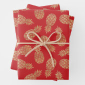 Ananas, Gold, auf roten Papierblättern Geschenkpapier Set (Beispiel)