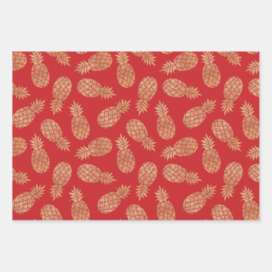 Ananas, Gold, auf roten Papierblättern Geschenkpapier Set (Vorderseite)