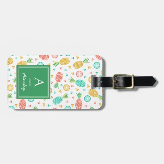 Ananas| Grüne Monogramm Gepäckanhänger (Vorderseite horizontal)