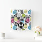 Ananas Grunge Palms | Monogramm Quadratische Wanduhr (Zuhause)