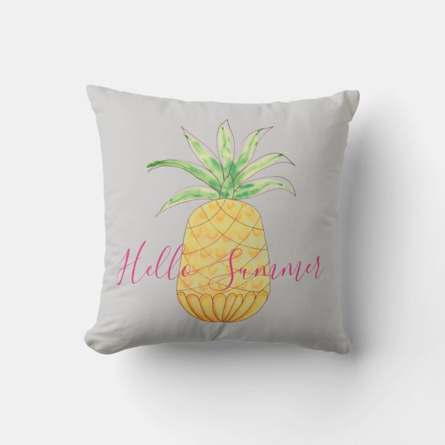 Ananas Hallo Sommer Graue gelbe Wasserfarbe Kissen (Vorderseite)