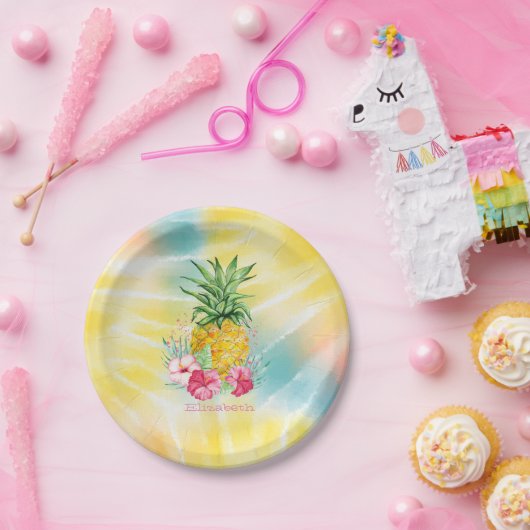Ananas, Hibiskus Aquarellfarben Gefärbte Krawatte Pappteller (Party)