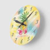Ananas, Hibiskus Aquarellfarben Gefärbte Krawatte Runde Wanduhr (Winkel)