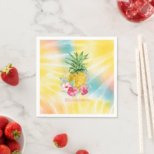 Ananas, Hibiskus Aquarellfarben Gefärbte Krawatte Serviette (Beispiel)