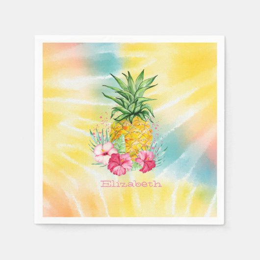 Ananas, Hibiskus Aquarellfarben Gefärbte Krawatte Serviette (Vorderseite)