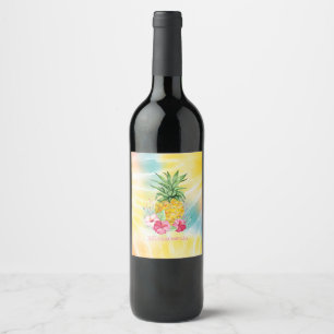 Ananas, Hibiskus Aquarellfarben Gefärbte Krawatte Weinetikett