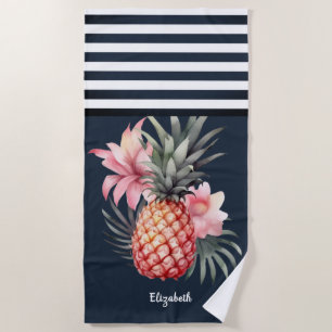 Ananas Hibiskus Marineblau Gestreift Strandtuch