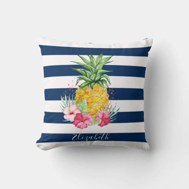 Ananas-Hibiskus, Navy Blue Stripe Kissen (Vorderseite)