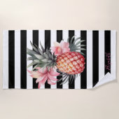 Ananas-Hibiskus, Schwarz-weiße Streifen Strandtuch (Vorderseite)