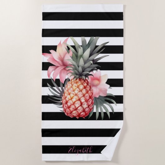 Ananas-Hibiskus, Schwarz-weiße Streifen Strandtuch (Vorderseite)