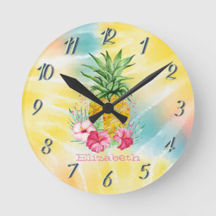 Ananas, Hibiskus Wasserfarben Regenbogen Tie Dye Runde Wanduhr