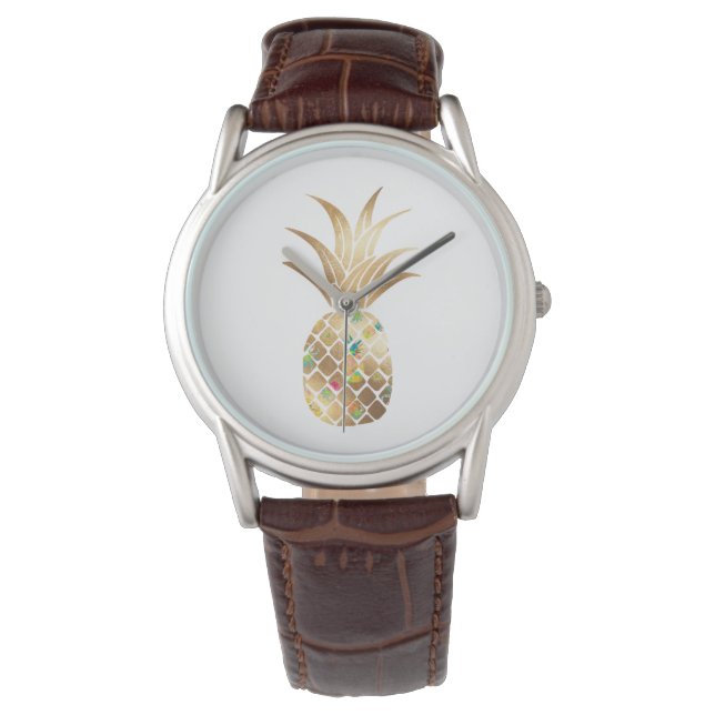 Ananas, Imitate Gold+Collage Armbanduhr (Vorderseite)
