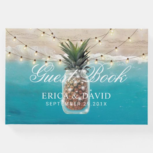 Ananas Jar String Lights Tropical Beach Wedding Gästebuch (Vorderseite)