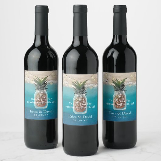 Ananas Jar String Lights Tropical Beach Wedding Weinetikett (Flaschen)