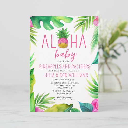 Ananas Jungle Schnuller Pink Girl Baby Dusche Einladung (Stehend Vorderseite)