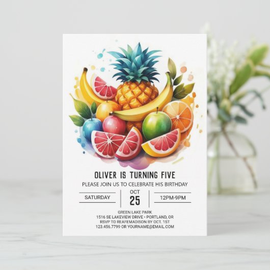 Ananas Kinder Digitale Früchte Geburtstag Einladung (Stehend Vorderseite)