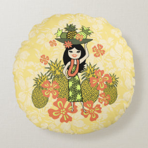 Ananas-Luau Hawaiian Hula-Mädchen Reversibel Rundes Kissen