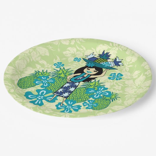 Ananas Luau hawaiisches Hula Mädchen Pappteller (Schrägansicht)