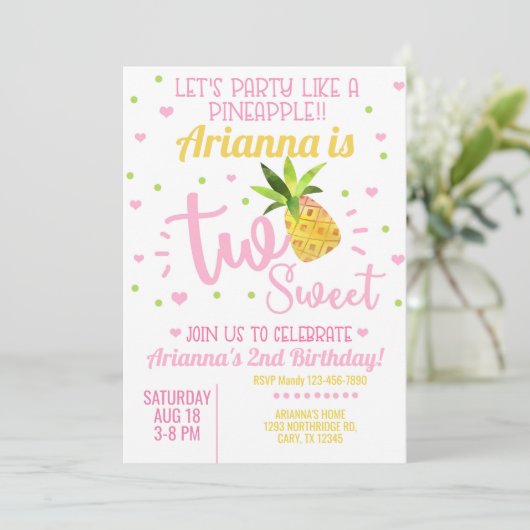 Ananas Mädchen 2. Geburtstag einladen. Einladung (Stehend Vorderseite)