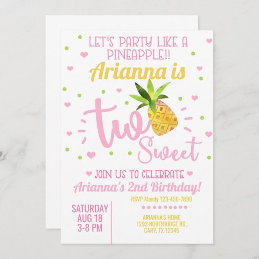Ananas Mädchen 2. Geburtstag einladen. Einladung (Vorne/Hinten)