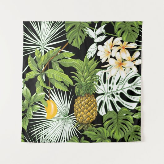 Ananas Mango: Schwarze Vintage Illustration. Wandteppich (Vorderseite)