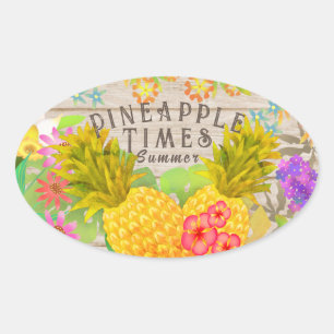 Ananas mit Blumen Ovaler Aufkleber