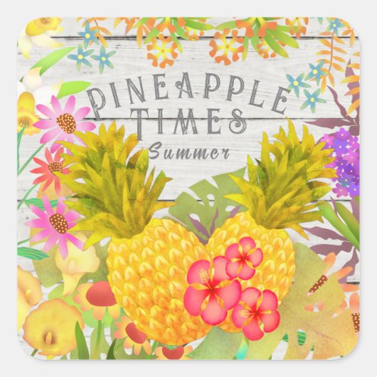 Ananas mit Blumen Quadratischer Aufkleber (Vorderseite)