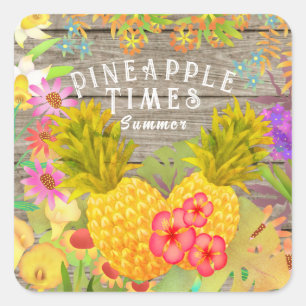 Ananas mit Blumen Quadratischer Aufkleber