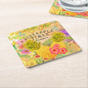 Ananas mit Blumen Rechteckiger Pappuntersetzer
