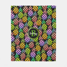 Ananas Moderner Mehrfarben-Monogramm-Name Schwarz Fleecedecke