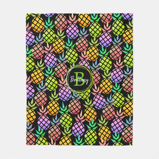 Ananas Moderner Mehrfarben-Monogramm-Name Schwarz Fleecedecke (Vorderseite)