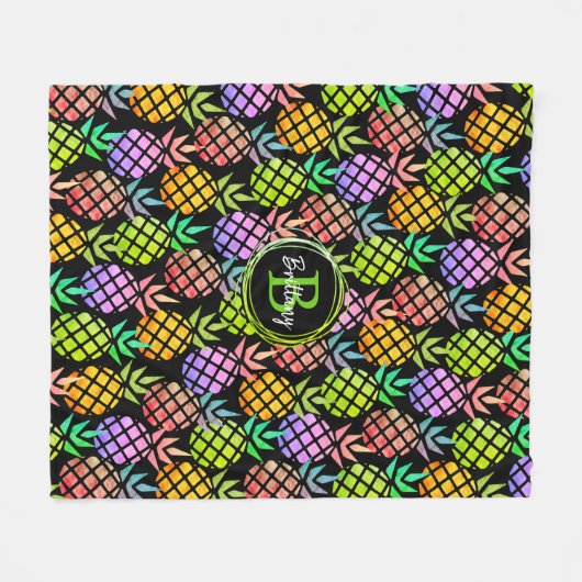 Ananas Moderner Mehrfarben-Monogramm-Name Schwarz Fleecedecke (Vorderseite (Horizontal))